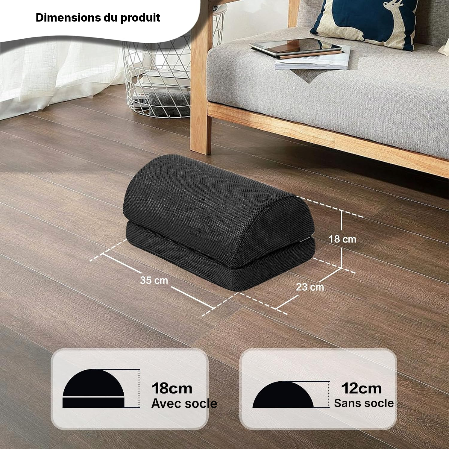 Repose-pieds de bureau ergonomique noir, 35 × 23 × 18 cm — 2
