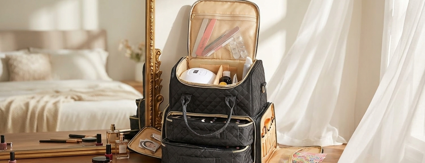 Pochette pour maquillage Noir, vernis rangés