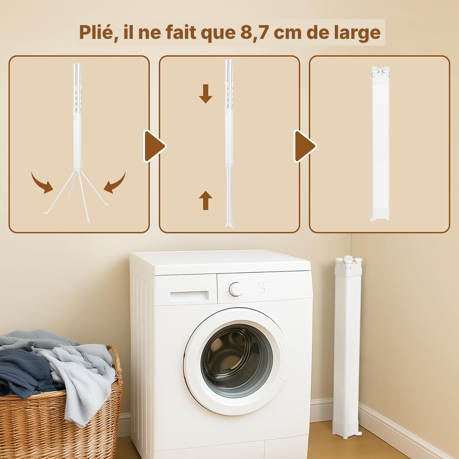 Étendoir pour linge 127 cm, trépied acier + pinces — 3
