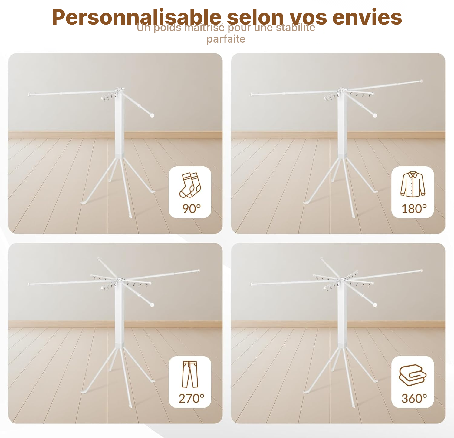 Étendoir pour linge 127 cm, trépied acier + pinces — 6
