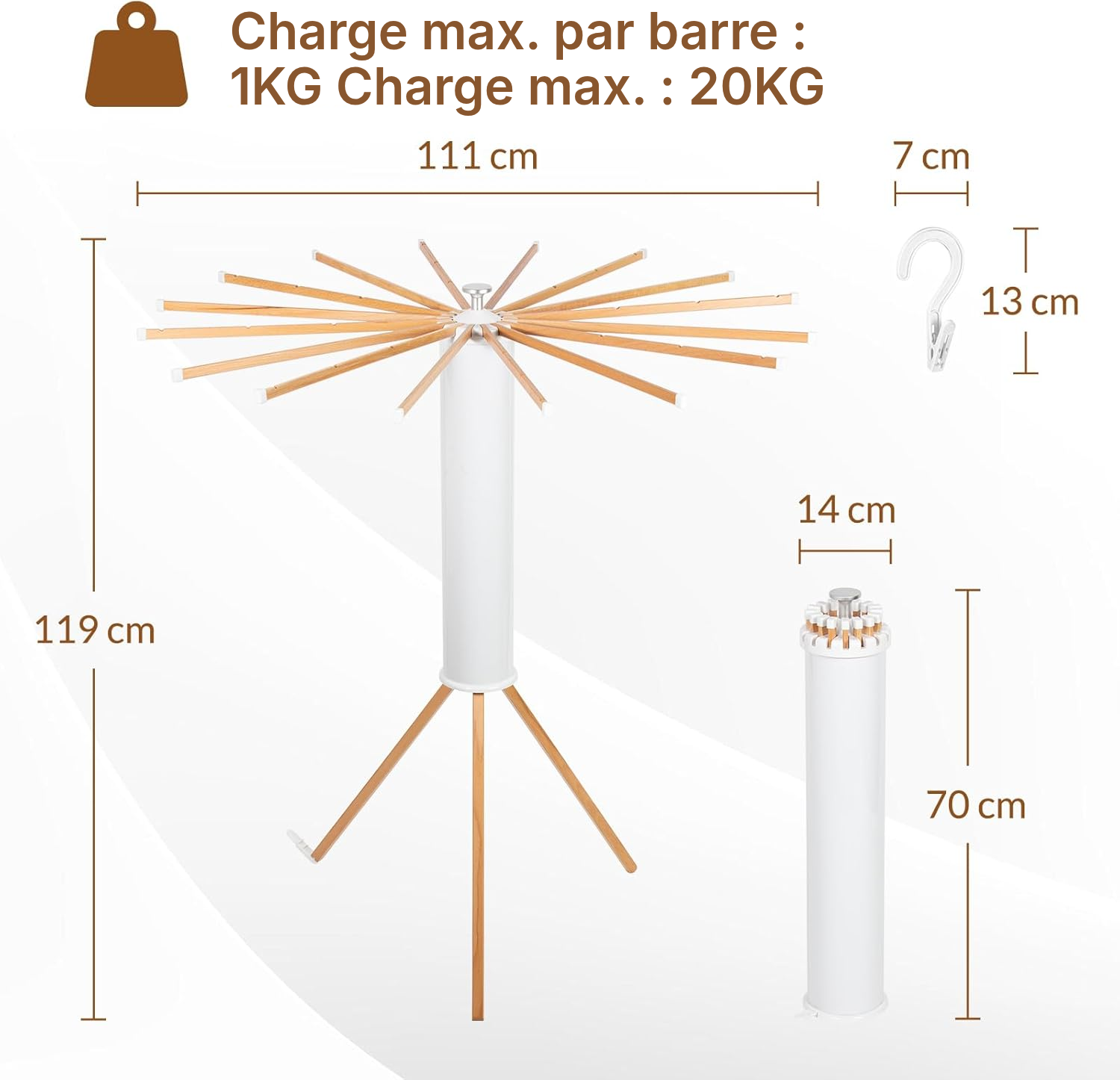 Étendoir à linge trépied hêtre 121 cm pliable — 2