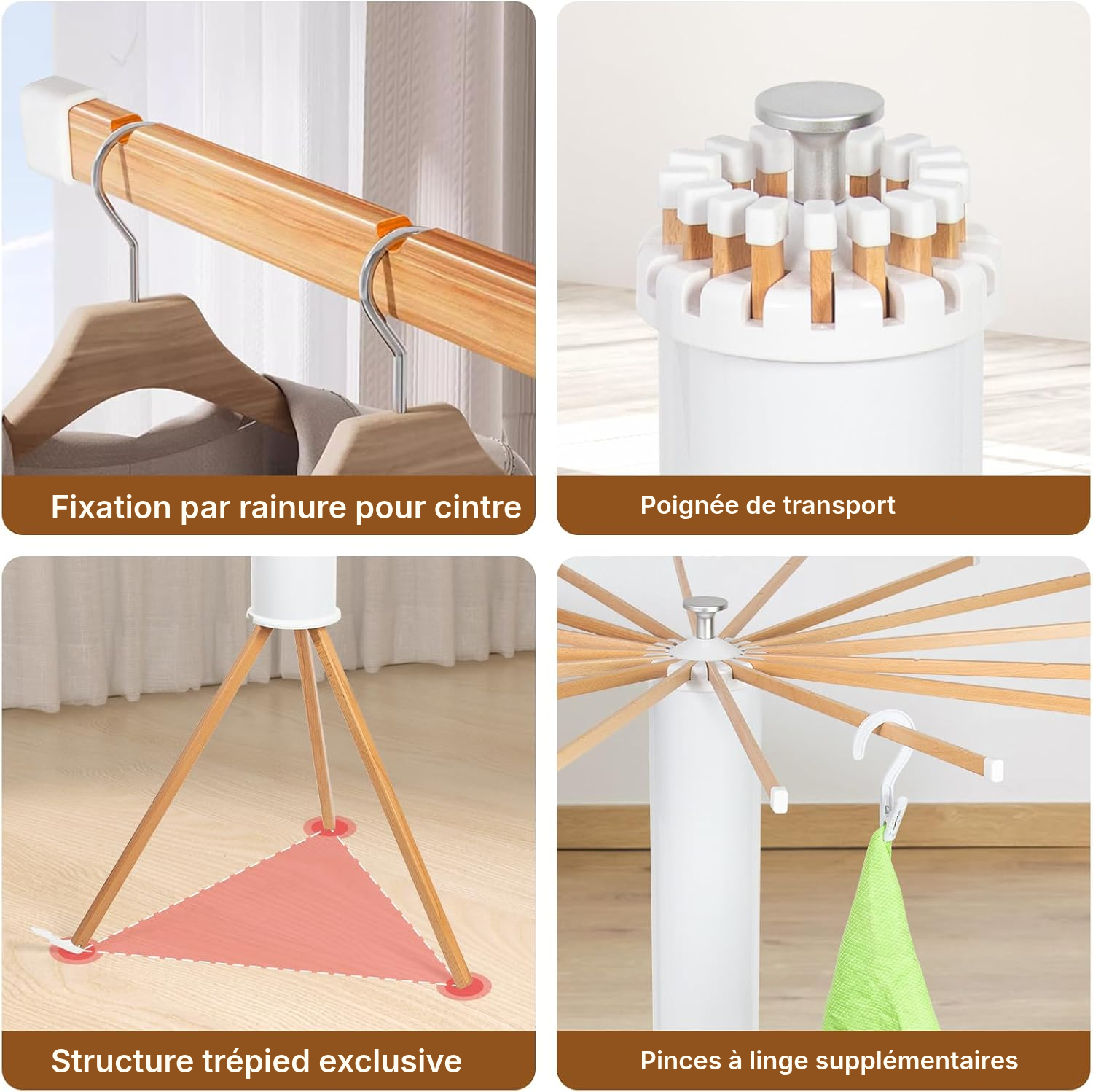 Étendoir à linge trépied hêtre 121 cm pliable — 3