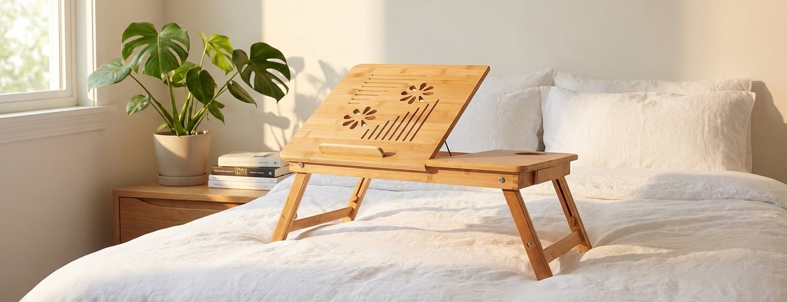 Bureau ordi pliable bambou — confort au lit