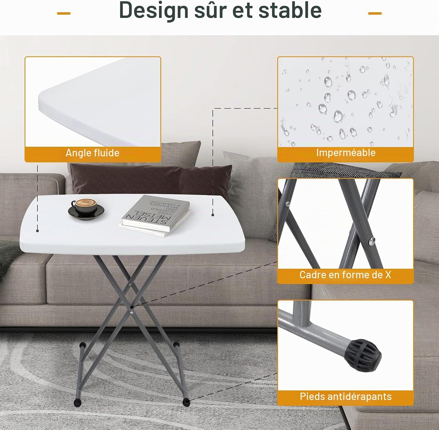 Table pliante blanche 76 × 50 × 74 cm, 3 hauteurs — 3