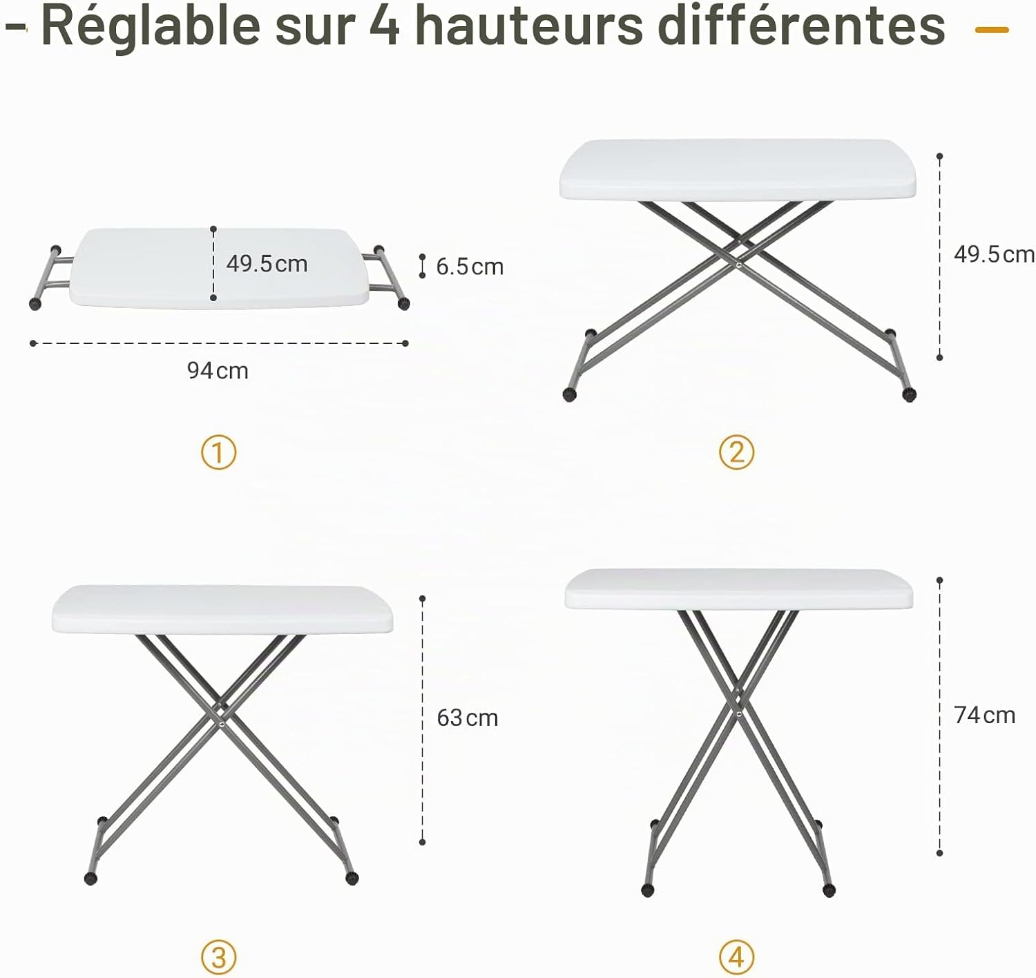 Table pliante blanche 76 × 50 × 74 cm, 3 hauteurs — 2