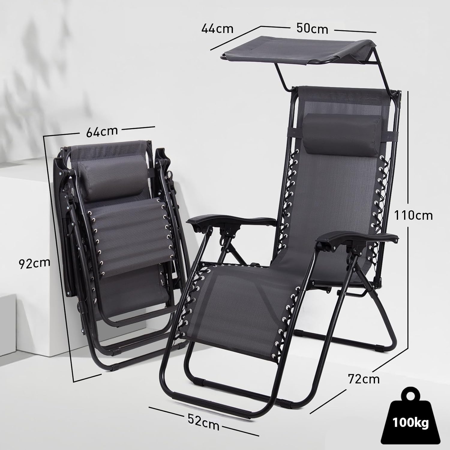 Bain de soleil pliable gris 165 cm avec ombre — 6