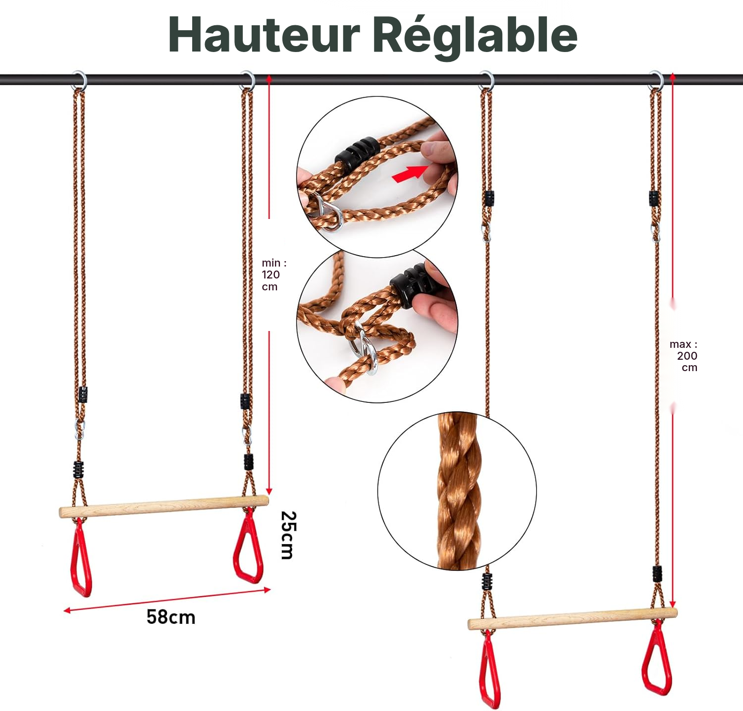 Anneaux gym trapèze rouge 200 cm pour jouer — 2