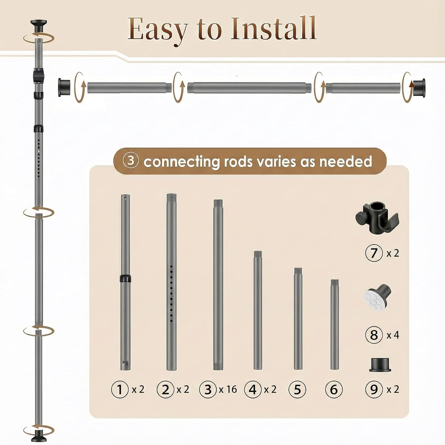 Schéma d'installation facile avec 3 tiges de raccordement modulables et nomenclature numérotée des pièces