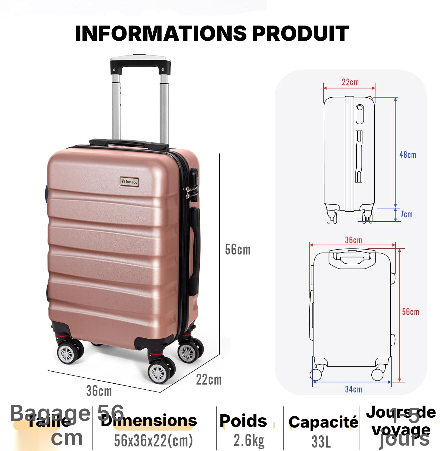 Valise cabine rose 56 cm — dimensions valise cabine — 6