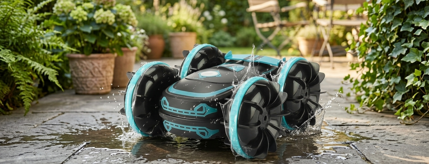 Voiture télécommandée bleue — amphibie et agile