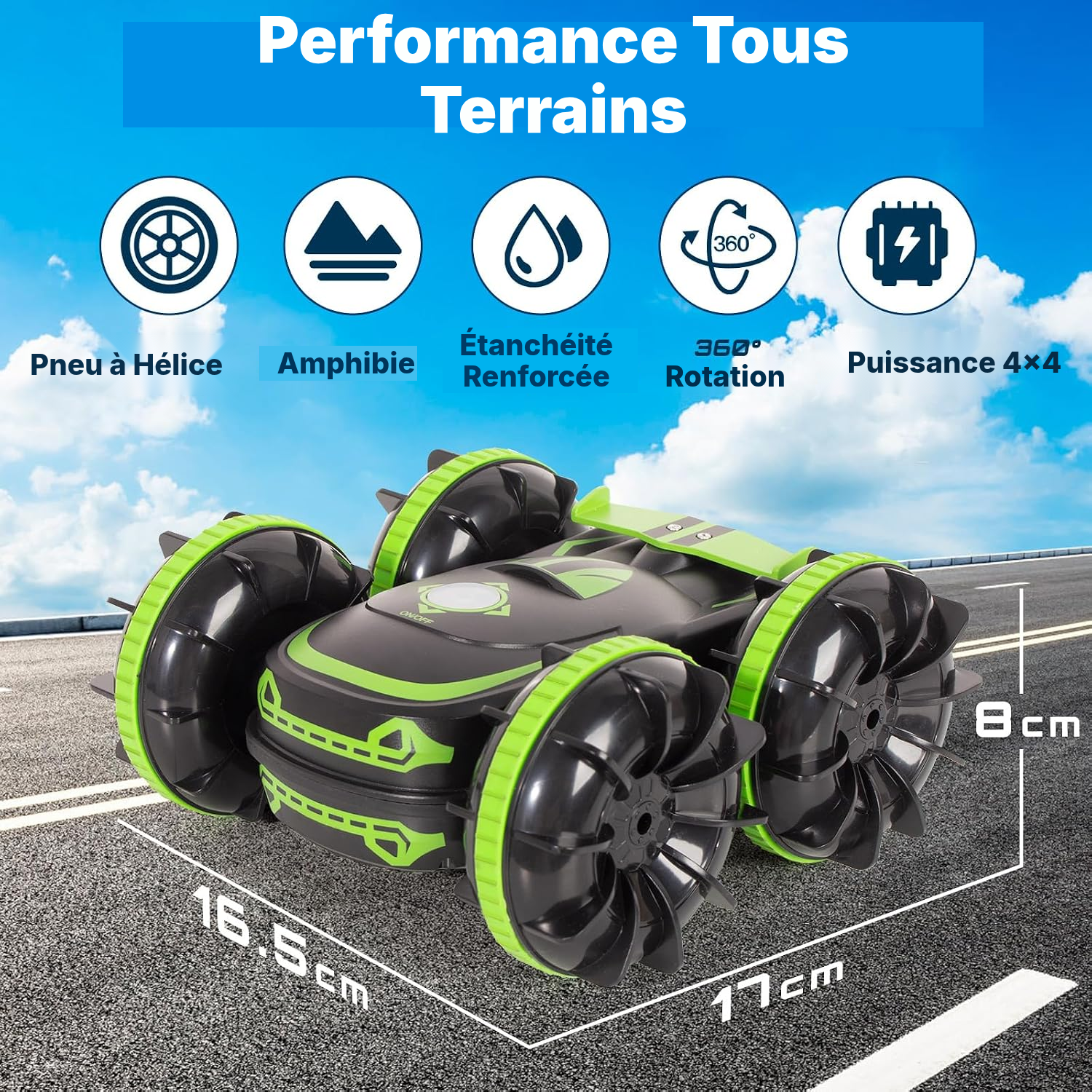 Voiture télécommandée amphibie double verte — 360° — 2