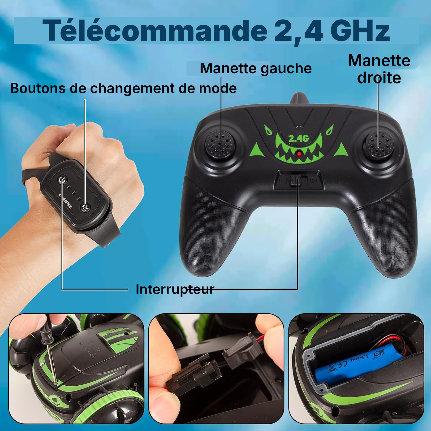 Voiture télécommandée amphibie double verte — 360° — 4