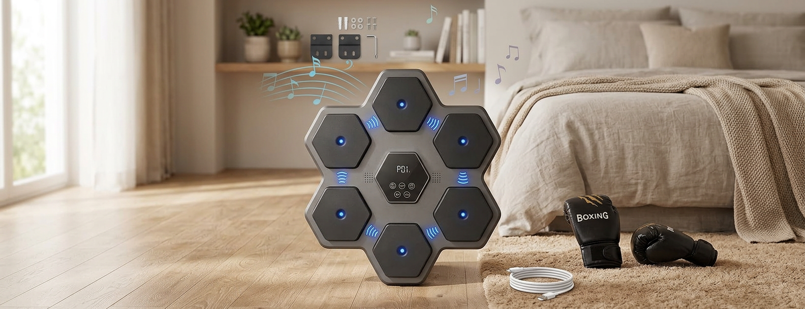 Machine de boxe musicale Hexa murale 45 cm avec gants