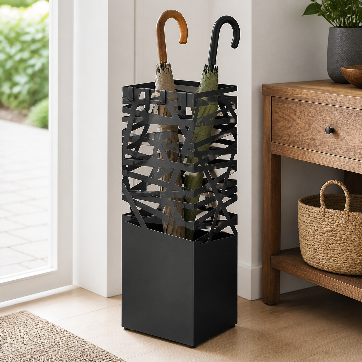 Porte parapluies 49 × 15,5 × 15,5 cm, crochets + bac