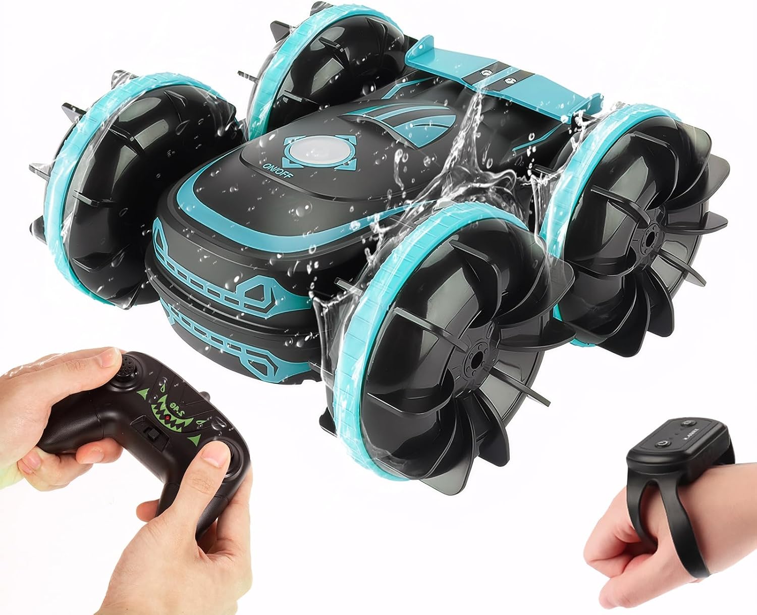 Voiture télécommandée – 16 cm bleue, amphibie double