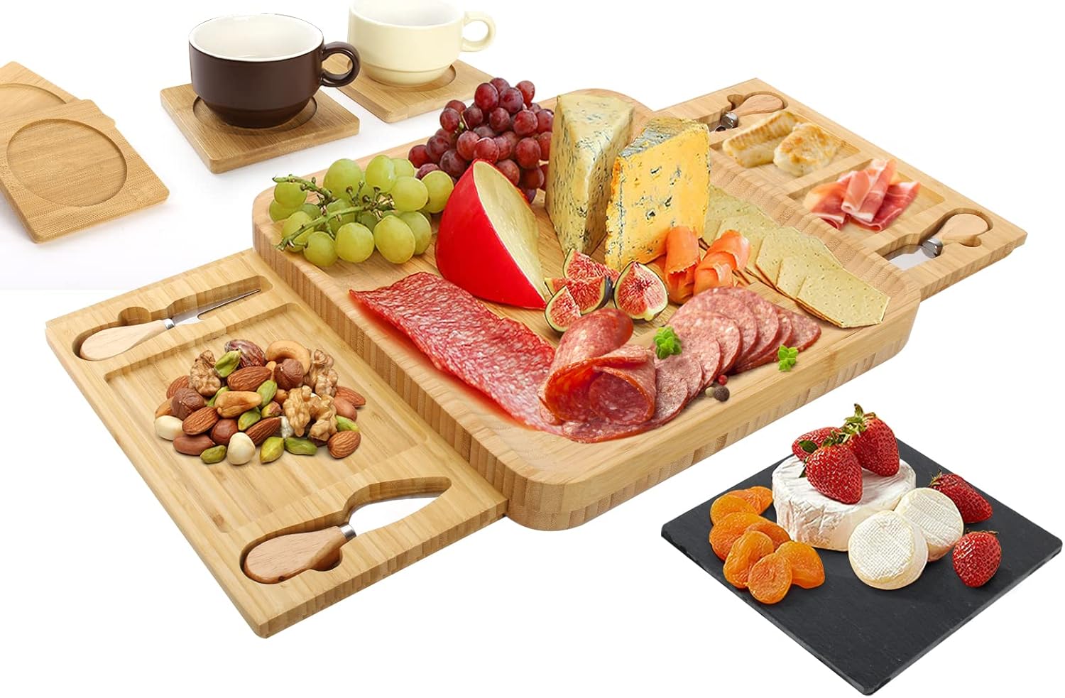 Planche apéro en bambou avec ardoise et accessoires