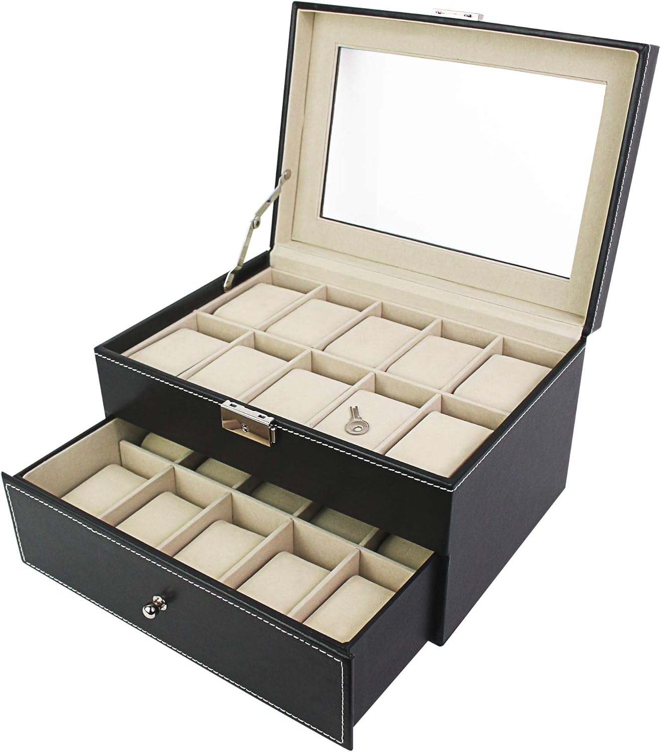 Boîte à bijoux 20 montres avec vitre et tiroir