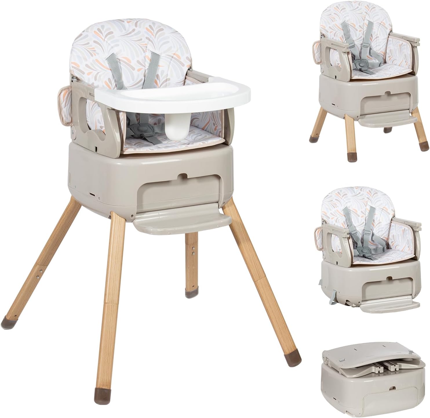 Chaise haute portable 4 en 1 grise avec rehausseur