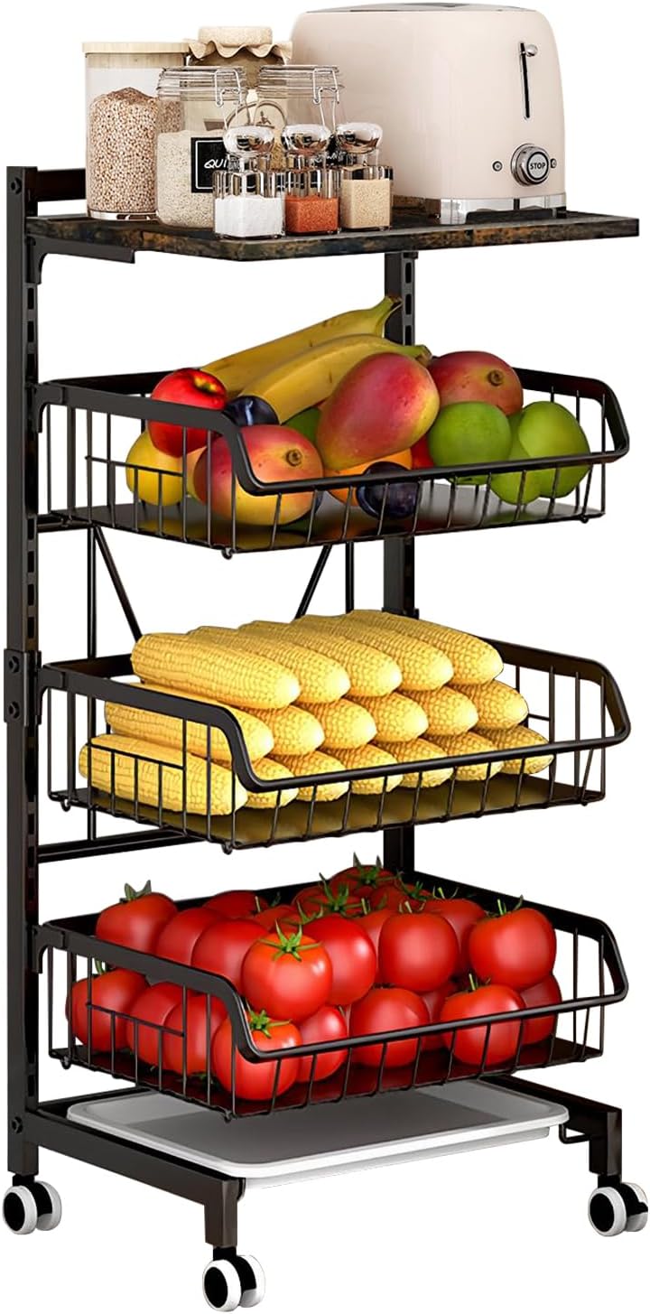 Desserte cuisine 3 paniers, planche bois vintage