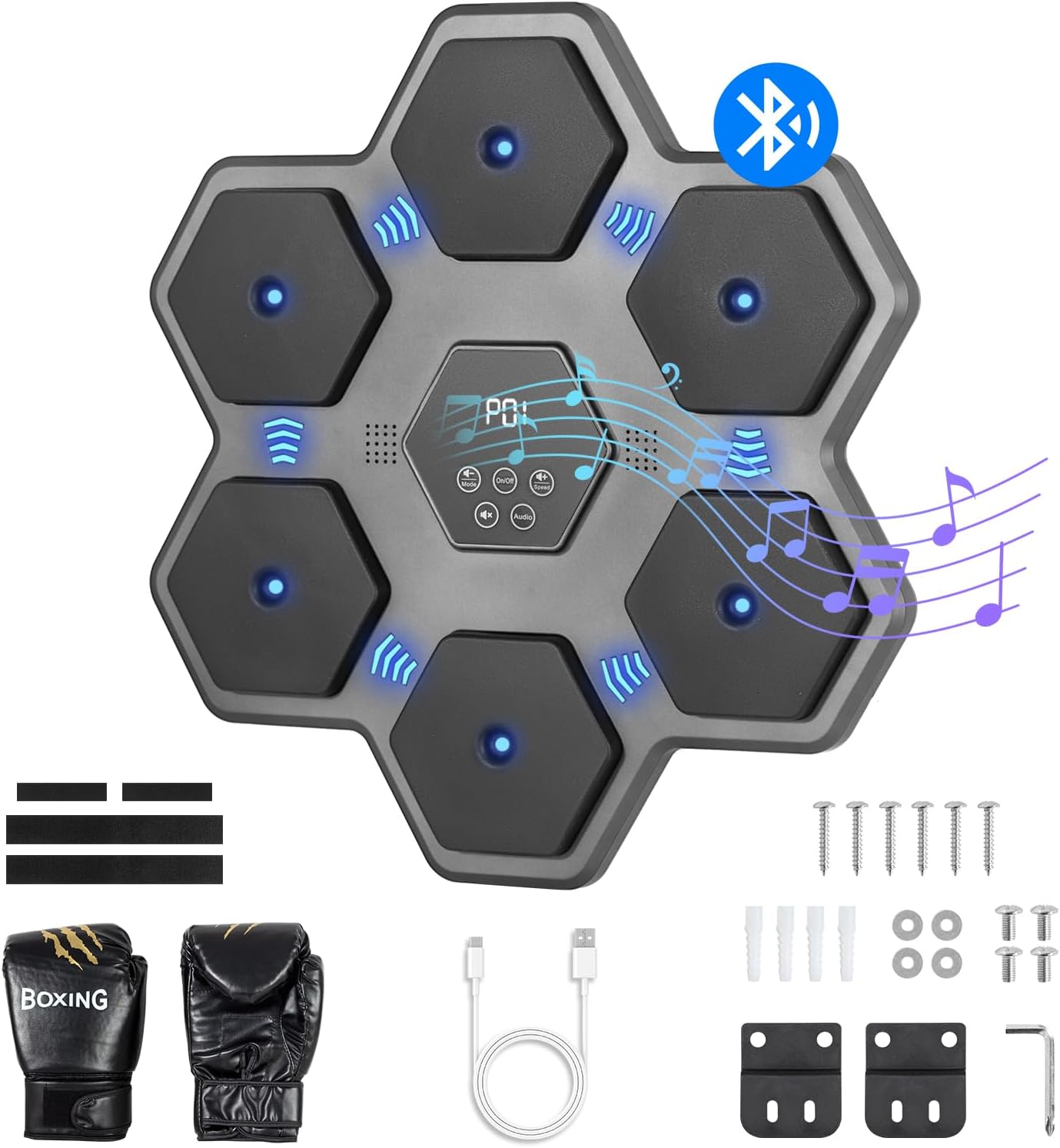 Machine de boxe musicale Hexa murale 45 cm avec gants